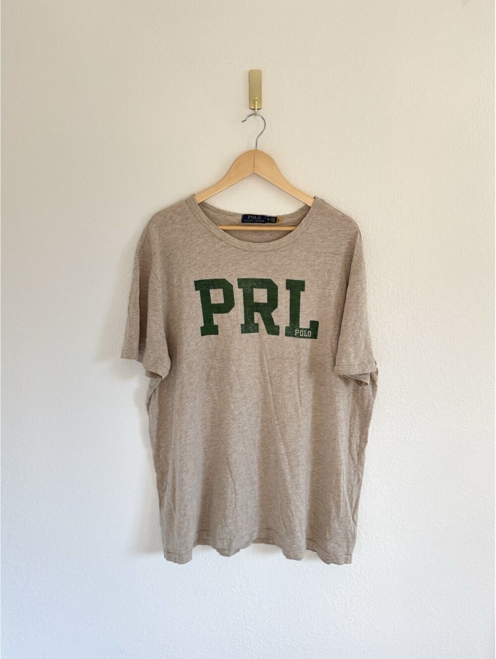 Polo Ralph Lauren Men's Sz XL Beige Green T Shirt Script PRL Polo Crew Neck
